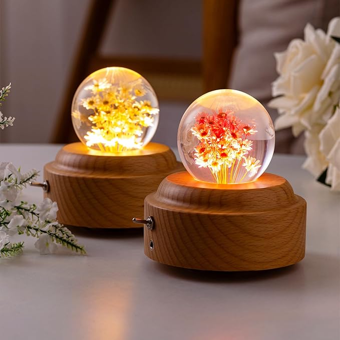 1 Pieces Wooden Red Daisy Wind-Up Music Box with night light You are my sunshine song Mechanism Elegant Romantic Musical Gift for Birthday Anniversary Valentine's Day Women, Girls, Wife, Girlfriend