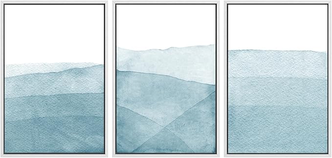 SIGNWIN 3 Piece Framed Canvas Wall Art Blue Wash Brushstroke Watercolor Nature Wilderness Illustrations Abstract Traditional Home Artwork Decoration for Living Room,Bedroom - 16"x24"x3 White