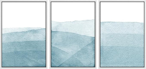 SIGNWIN 3 Piece Framed Canvas Wall Art Blue Wash Brushstroke Watercolor Nature Wilderness Illustrations Abstract Traditional Home Artwork Decoration for Living Room,Bedroom - 16"x24"x3 White