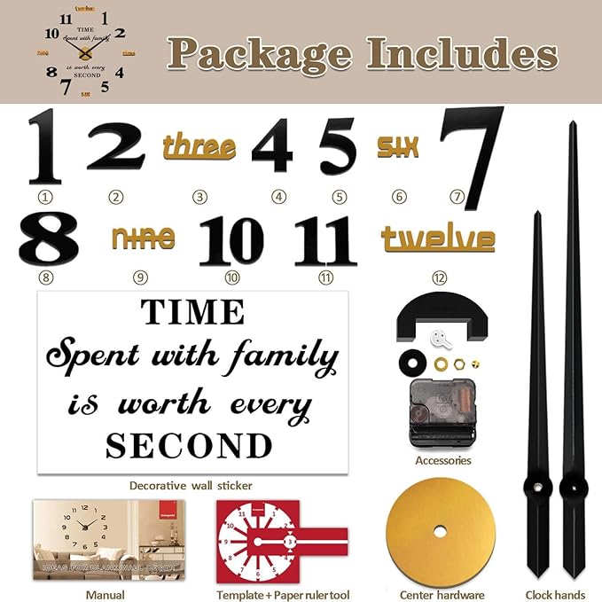 VANGOLD Giant Wall Clock for Living Room Decor, Decorative Wall Clocks Battery Operated (Gold Wall Decor)