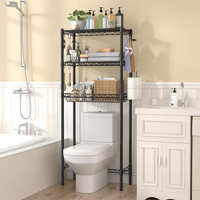 Over The Toilet Storage Shelf, Adjustable Bathroom Organizer with Toilet Paper Holder & 8 Hooks, 3 Tier Sturdy Metal Space Saver for Bathroom/Kitchen, Easy Assembly Above Toilet Shelf, Black