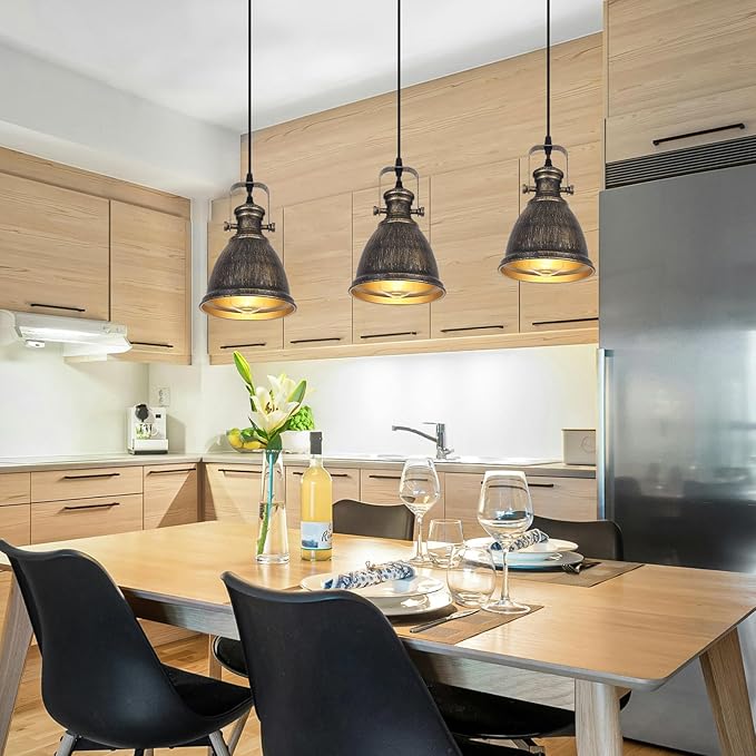 Bronze Pendant Lights Kitchen Island 3 Pack, Vintage Pendant Light, 6.5’’ Farmhouse Kitchen Light Fixtures, Adjustable Height, Pendant Lighting for Dining Room, Living Room, Sink, Bar