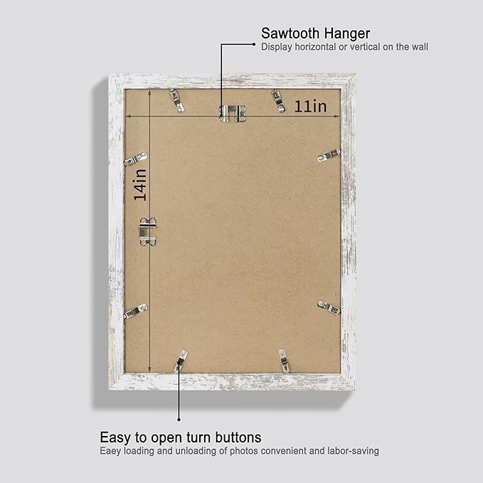 11x14 Picture Frame Set of 2, Made of Glass and Distressed White Wooden Frame, Display 8x10 Pictures with Mat or 11 x 14 Posters without Mat for Wall Mounting, Gallery Photo Frames