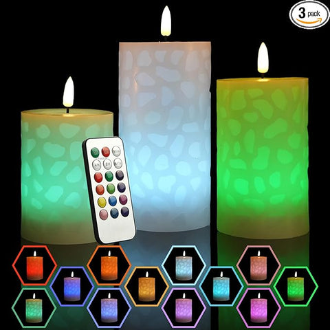 NICEME 3PCS LED Multi Colored Flameless Candles Pillar Battery Operated Flickering 3D Wick Flame Color Changing Candles with Remote Control Carving Real Wax Electric Fake Candles, D3” x H4” 5" 6"