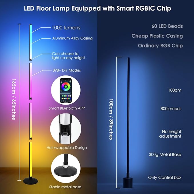 RGB Corner Floor Lights, Floor Lamp RGB Color Changing Corner Lamp LED Modern Floor Lamp with Bluetooth APP and Remote Control Music Sync, 65" Mood Lighting 24H Timing 398+ DIY Modes Lamp