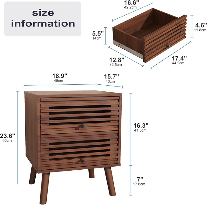 Nightstand Set of 2, Side Table, End Table, Mid Century Modern Nightstand with Hollowed Drawers, Bedside Tables, Small Nightstands with Storage for Bedroom, Living Room, Walnut