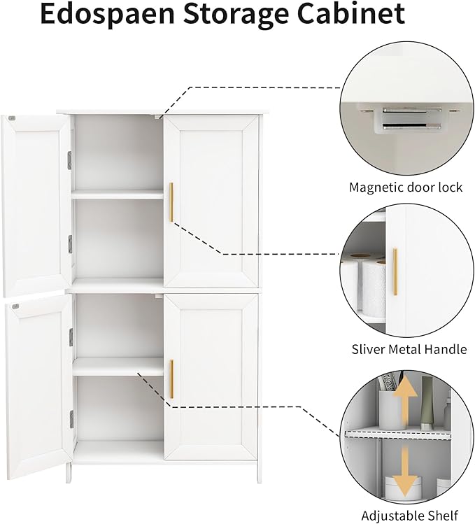 Bathroom Storage Floor Cabinet Freestanding Organizer with Adjustable Shelves for Bathroom Bedroom Laundry Room,4 Doors