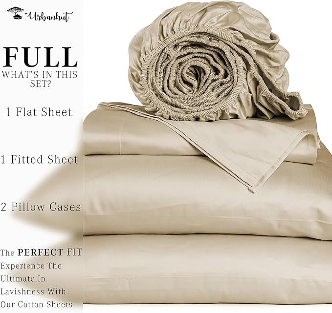 URBANHUT 700 Thread Count Egyptian Cotton Sheets Full Size, 4Pc Sheet Set Soft Luxury Bed Sheets for Full Size Bed, Sateen Weave Hotel Sheets, 14'' Elasticized Deep Pocket - Sand