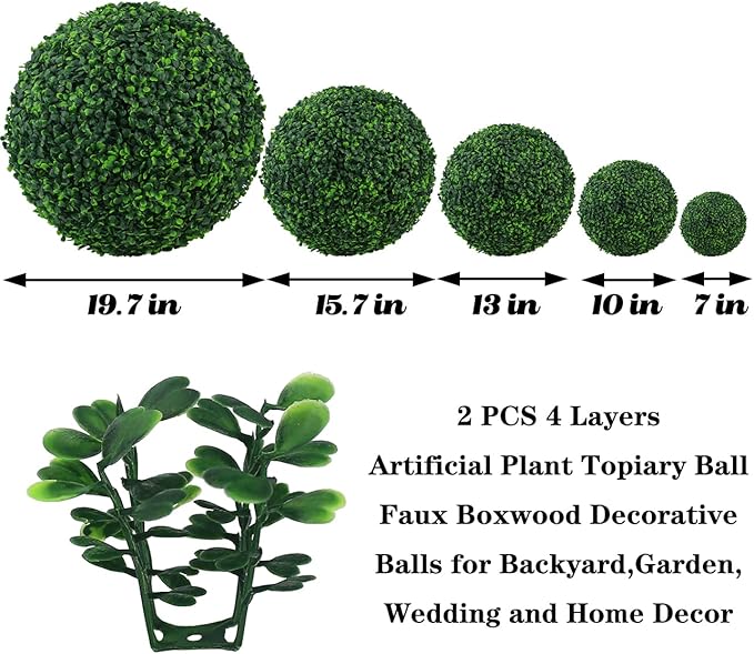 Sunnyglade 2 PCS 10 inch 4 Layers Artificial Plant Topiary Ball Faux Boxwood Decorative Balls for Backyard, Balcony,Garden, Wedding and Home Décor (10 inch)