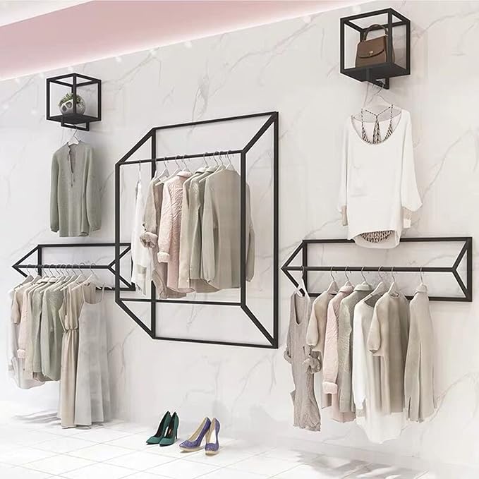 Metal Garment Racks in Boutique Clothing Stores Display,Wall-Mounted Hanging Potted Plants Clothes Shelf in Home,Towel Rack for Bathroom Storage Shelves (Black, 11.8" L)