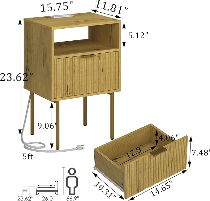 Nightstand with Charging Station, Bedside Table with Storage Drawer, Fluted Side Table for Living Room, Bedroom
