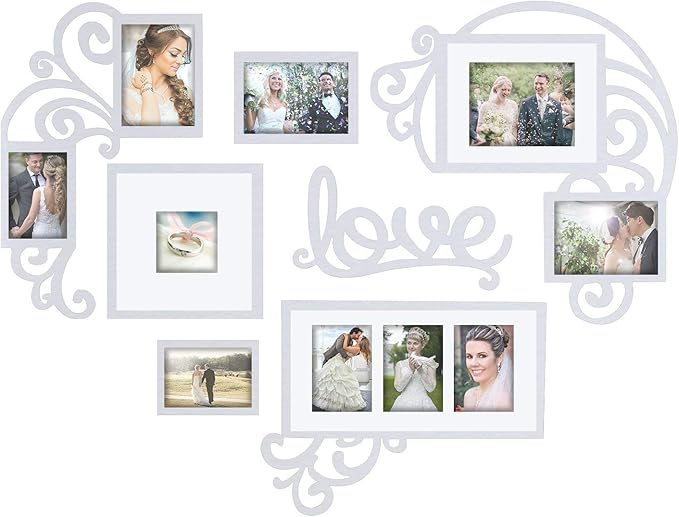 J.M.Deco Vintage Picture Frames 7 Pack in Love Shape Heart Photo College Frames, Family Lovere Valentine Picture Frames 4''x4'' / 4''x6''/ 5''x7''/ 5''x8'' Photo Frames Set | White