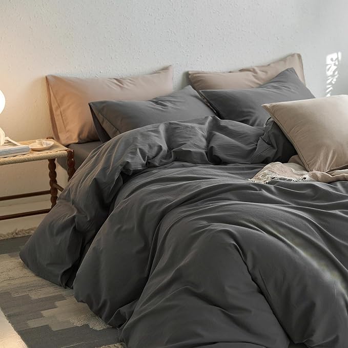 MooMee Queen Duvet Cover Set, 100% Washed Cotton Linen Like Twill Thick Sturdy Material Super Soft Breathable Durable Bedding for All Season, 3 Pieces (Dark Gray, Queen 90"x90")