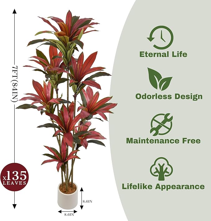 Artificial Dracaena Tree 7ft(84in) Tall Large Faux Silk Plants with Realistic Trunks and Red Leaves, Fake Floor Potted Artificial Plants for Home Office Indoor Decor (7feet,1Pack)