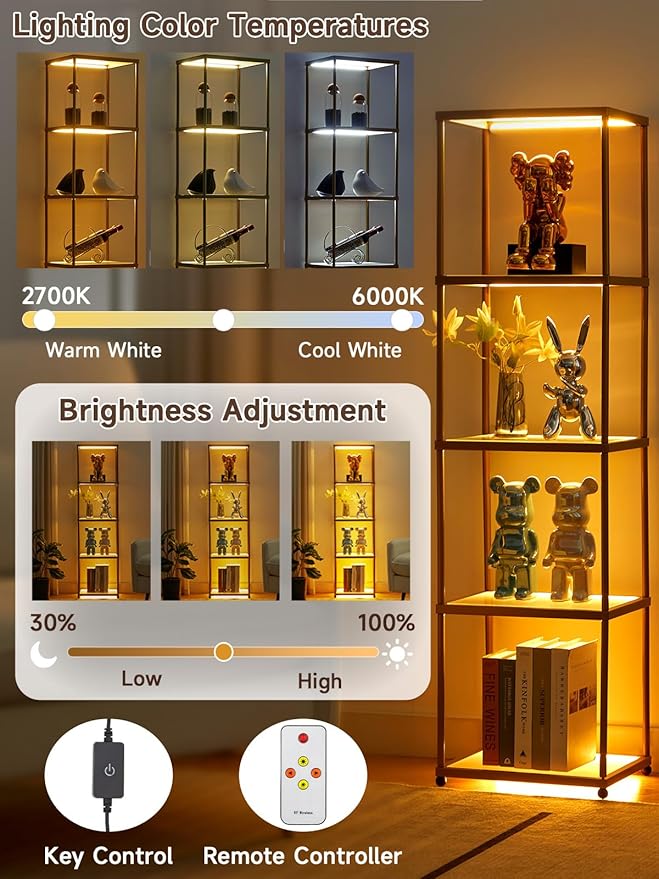 MANBUR Display Shelf with Dimmable LED Floor Lamp, Display Cabinet with Glass Bookcase, Home Decor, Bedroom Decor, Bookshelf with Light, Open Book Shelf with 5-Tier Shelf for Living Room Decor Gold
