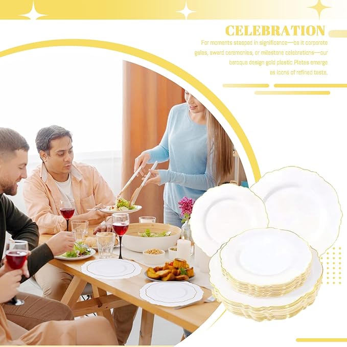 WDF 60pcs White and Gold Plastic Plates - Baroque White With Gold of 30 Heavy Duty Gold dinner plates 10.25inch, 30 Salad Plates 7.5inch Perfect for Weddings/Party/Birthday
