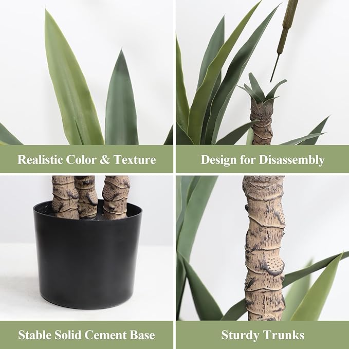 momoplant Artificial Agave Tree 4.5Ft Faux Agave Plant with 3 Heads Silk Faux Tree in Plastic Pot for Home Garden Office Decor