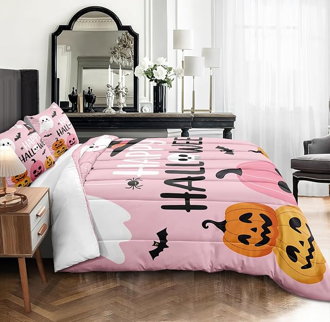 Pumpkin Ghost Comforter Set Girls Pink Halloween Bedding Set Orange Pumpkin White Ghost Bat Spider Cute Cartoon Bedding Kids Teens Happy Halloween Bed Set King Size