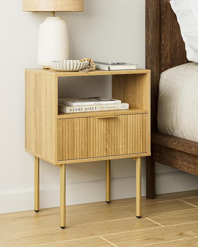 Nightstand,Morden Bedside Table with Gold Frame,Small White Night Stand,End Table,Bedside Furniture,Side Table with Drawer and Shelf for Bedroom,Living Room (1Drawer, Oak)