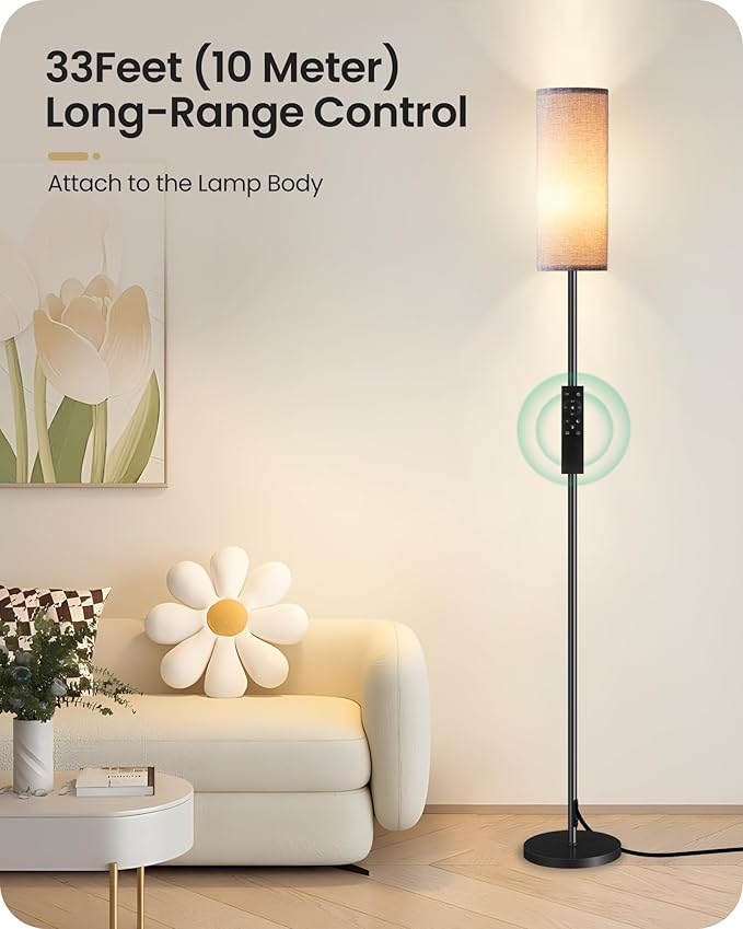 Dimmable Gray Floor Lamp for Living Room with Remote and Foot Switch, Corner Floor Lamp for Bedroom, Modern Standing Tall Lamp, 10W 900LM Bulb Included, 3000K-6500K, Linen Shade, FCC Listed H06LD05W1