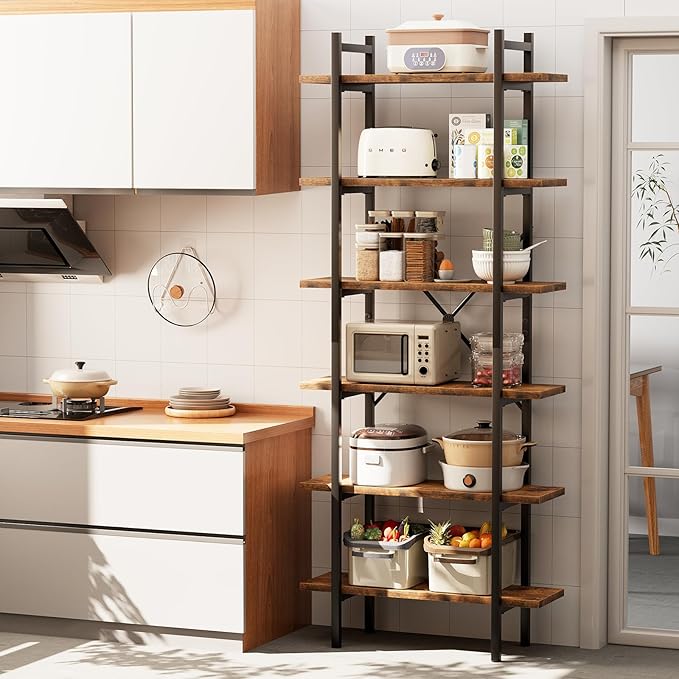 6 Tiers Bookshelf Organizer Industrial Shelf,Modern Open Display Storage Bookcase,Rustic Brown and Metal Bookshelf Standing Storage Shelf Tall Shelving Units for Home Office Study