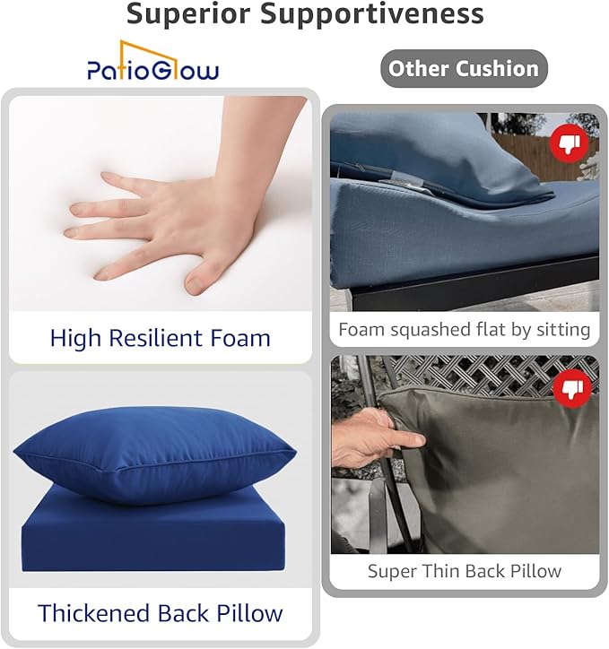 Outdoor Seat Cushion Set 22 x 24 x 4 Inch, Waterproof & Fade Resistant Patio Furniture Cushions with Removable Cover and Ties, Thick Deep Seating Pads for Outside Chair Sofa Couch, Blue