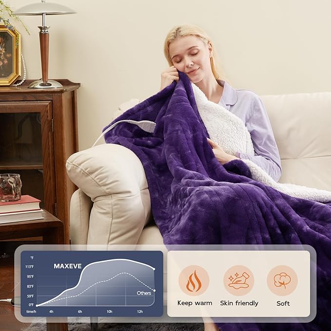 MAXEVE Electric Heated Throw Faux Rabbit Fur Blanket with 8 Heating Levels & 8H Auto Off, Fast Heating Warm Cozy Sherpa Washable Blanket with Over-Heat Protection, ETL Certification, Purple
