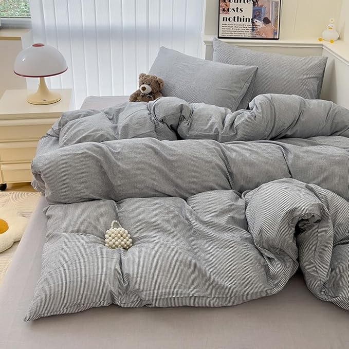 VM VOUGEMARKET Washed Cotton Grey Striped Duvet Cover Set King,Pinstripes Duvet Cover with 2 Pillowcases Modern Simple Farmhouse Style Bedding Set-Vertical Stripes