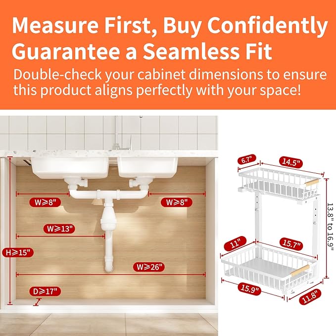 Under Sink Organizer, 2 Pack Under Sink Organizers and Storage, 2-Tier Pull Out Under Cabinet Organizer Storage Shelf, Metal Frame, Height Adjustable Rack for Bathroom Kitchen Pantry