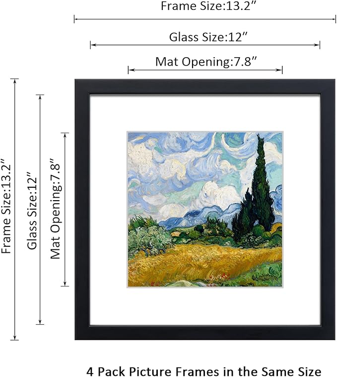 12x12 Picture Frame Set of 4 Made of Solid Wood Photo Frame with Real Glass for Pictures 8x8 with Mat or 12x12 Without Mat,Wall Mount or Tabletop Gallery Photo Frames in Black