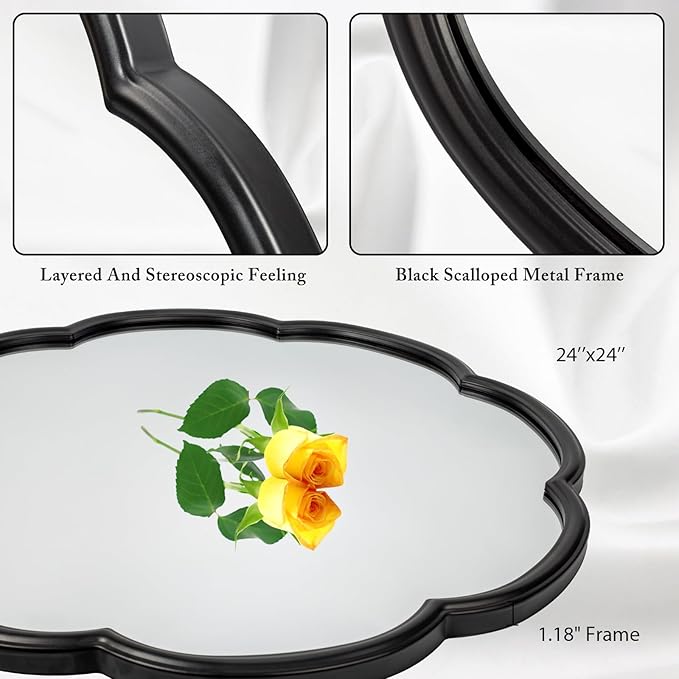 24" Black Mirrors for Wall, Flower Pattern Scalloped Decorative Accent Wall Mounted Mirror, Round Metal Frame Hanging Vanity Mirror Decor for Bathroom, Entryway, Bedroom