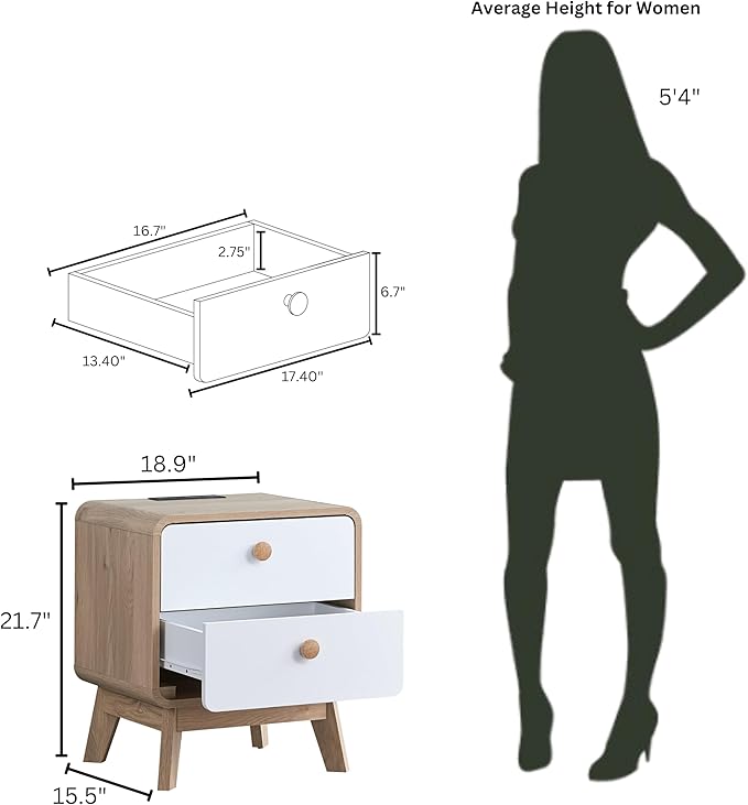 Aries Set of 2 Nightstands with Charging Station, 2 Drawer Bedside Tables with Storage, Night Stands for Bedroom, End Table or Side Table for Living Room, 15.7" x 18.9" x 21.7", Oak/White