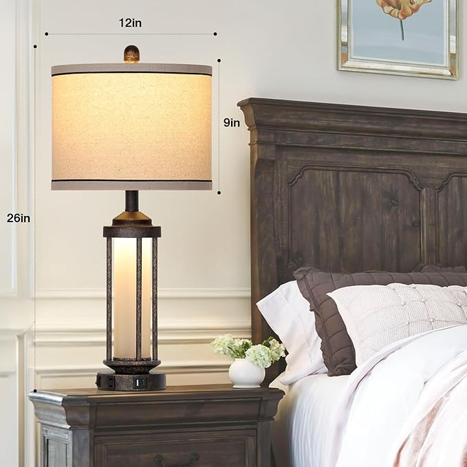 Farmhouse Table Lamp, 27" Vintage Rustic Retro Beside Lamp with USB A+C Charging Ports & AC Outlet, Industrial Modern Lamp with Glass LED Night Light for Living Room Bedrooms Nightstand 1 Pack