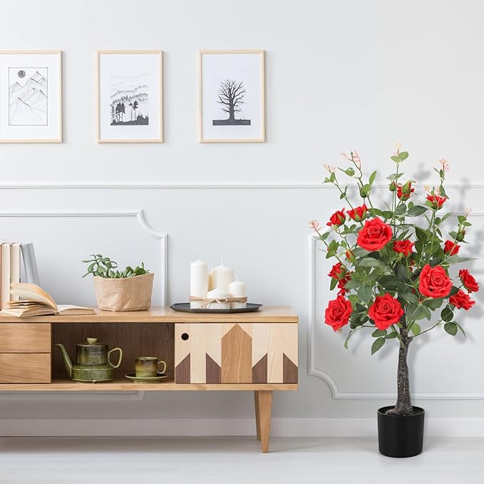 Romantic season 2Pack Artificial Rose Flower Trees, 42Inch Red Faux Rose Tree with Green Leaves for Living Room Office Home Outdoor Indoor Decor