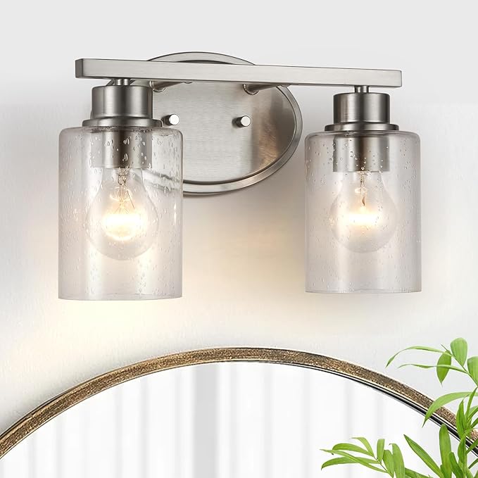 Bathroom Vanity Light Fixtures Over Mirror, Seeded Glass Bathroom Vanity Light, 2 Light Brushed Nickel Bathroom Light Fixtures with Clear Glass, Modern Rustproof Vanity Light Wall Mount