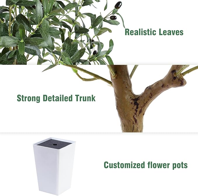 Artificial Olive Tree with White Tall Planter, 5ft Tall Potted Decorative Fake Olive Tree, Large Faux Silk Tree for Home Office Floor Room Decor Plant Indoor Outdoor, Housewarming Gift