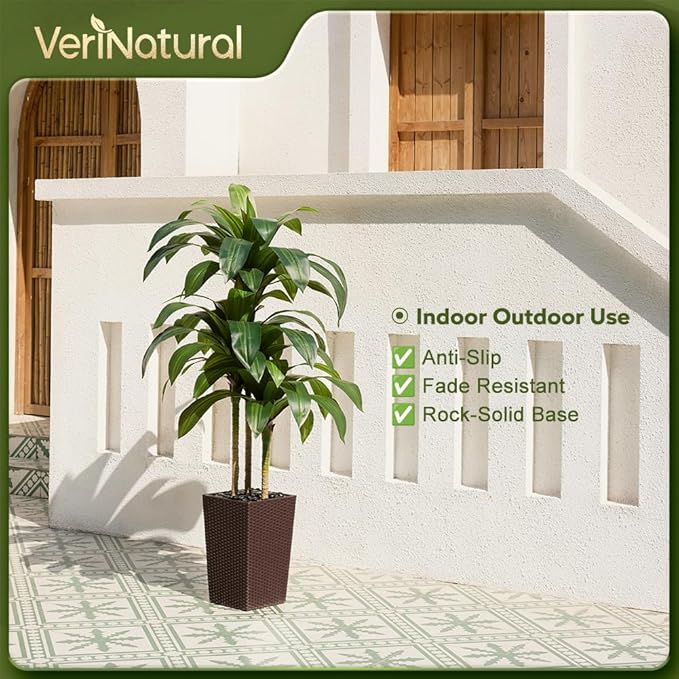 5FT Artificial Dracaena Tree - UV Resistant Faux Tropical Plant, Potted Fake Tree with Taper Planter & Pebbles - Indoor Outdoor Greenery for Home, Porch, Living Room, Bedroom Decor, VN127