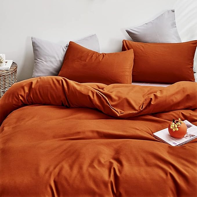 Pureant Queen Size Burnt Orange Comforter Set - 3 Pcs (Comforter, 2 Pillowcases) - Caramel - Modern - Solid - Cotton Blend - 90" x 90" - Machine Washable