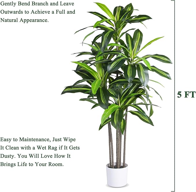 Artificial Dracaena Tree Indoor, 5FT Tall Faux Tree with Natural Wood Trunk and Lifelike Leaves, Tall Artificial Plants Indoor, Fake Plants for Home, Office, Living Room Decor