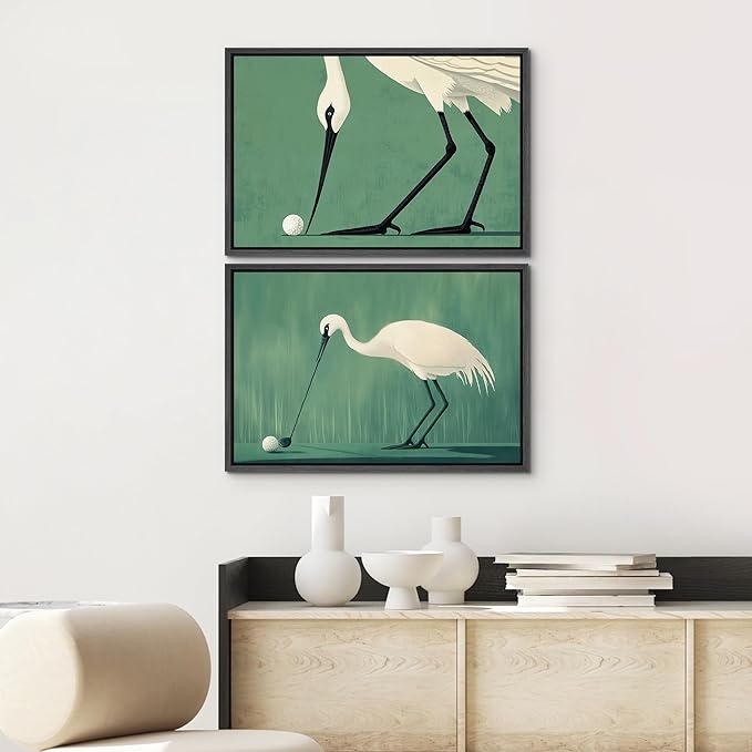 SIGNWIN Framed Canvas Print Wall Art Set Funny Crane Playing Golf Whimsical Bird Illustrations Modern Art Rustic Minimal for Living Room, Bedroom, Office - 24"x36"x2 Black