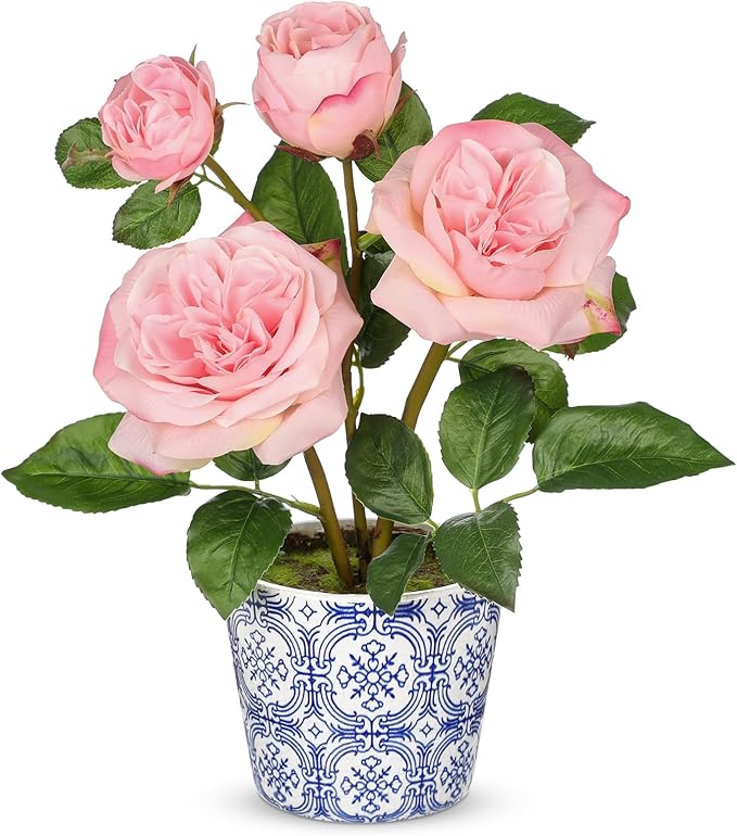 Hollyone Pink Roses Artificial Flowers in Blue and White Porcelain Vase 13.4" Fake Roses Flower Arrangement Artificial Plants & Flowers Potted Plant Faux Silk Rose Flower with Ceramic Pot Home Decor