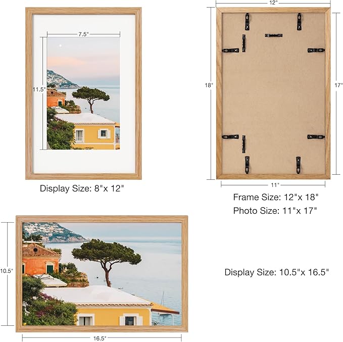 Axeman 11x17 Picture Frame with Mat for 8x12, Solid Oak Wood Poster Frame with Tempered Glass, Natural Wooden 11''x17'' Photo Frame for Wall Home Decor Art Photo and Prints with Wall Hooks, Natural
