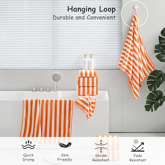18 Pcs Orange Cabana Stripe Family Towels Set with Hanging Loop-6 Bath Sheets,6 Hand Towels,6 Washcloths Ultra Soft Bathroom Towel Highly Absorbent Quick Dry Shower Towel for Beach Chair,Spa,Gym,Hotel