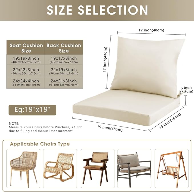 Outdoor Seat Cushion Set 24 x 24 In, Water-Resistant & Fade-Resistan, Patio Furniture Cushions with Removable Cover Deep Seat & Back Cushion with Handle and Adjustable Straps for Chair Sofa,4PC
