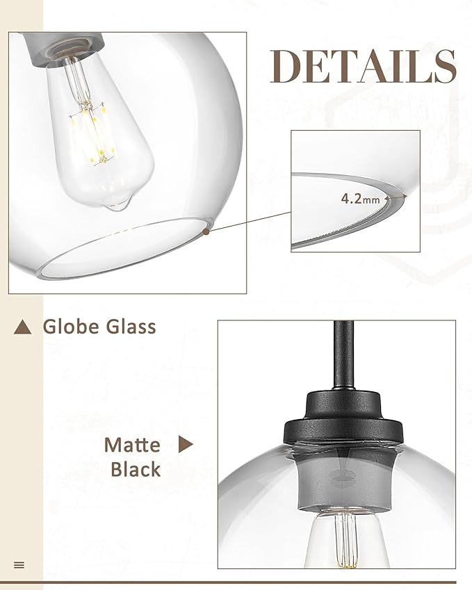 8 inch Matte Black Pendant Light, Mid Century Globe Haning Light Fixture Ceiling with Clear Glass for Kitchen Island Dining Room Bedroom Hallway Foyer (1 Pack), PL101BK-L