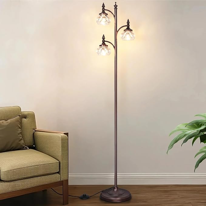 Brown Tree Floor Lamps for Living Room 66.5'' Standing Lamp with 3 Rotatable Lights Glass Shade Modern Lamp for Living Room Bedroom Office(3LED Bulbs Included)