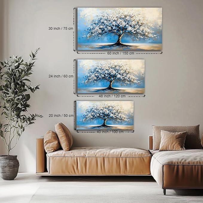 Contemporary Tree of Life Wall Art for Living Room Office Navy Blue White Floral Canvas Painting Prints Nature Artwork over the Couch Bedroom Decor (20x40 Inches)