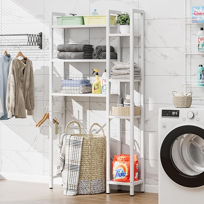 OTK Over The Toilet Storage with 7-Tier Bathroom Organizer Shelf, Freestanding Space Saver with Hooks & Adjustable Feet, Storage Rack for Bathroom, Restroom, Laundry, White