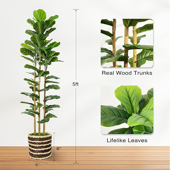 Artificial Fiddle Leaf Fig Tree Indoor with Woven Basket - 5ft Tall Fake Tree with Real-Wood Trunk,Faux Plants for Living Rooms, Offices, Kitchens & Outdoor Spaces (Round Basket)
