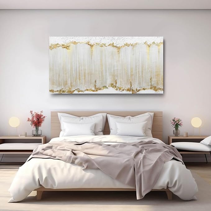Home Decor White Abstract Wall Decor Large Framed Canvas Wall Art for Living Room Gold Painting White Wave Contemporary Art for Bedroom 29x58 Inch